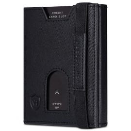 VON HEESEN Slim Wallet with RFID Protection - Card Case for Men and Women - Mini Leather Wallet - Small Wallet - Wallet, Black Saffiano, Without coin compartment, Without coin compartment