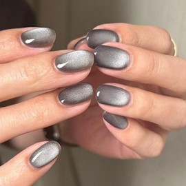 Gray Press on Nails Short Oval Cat Eye Almond Fake Nails with Pearl Light Chrome Design Stick on Nails Full Cover Grey Glitter Acrylic Artificial False Nails Glue on Nails for Women Manicure 24pcs