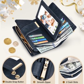 KTUEOV Women's Leather Wallet with RFID Blocking Purse Women's Large Purse Women Clutch Purse Ladies Many Card Slots, Zip Coin Compartment Removable Wrist Strap, darkblue, Classic