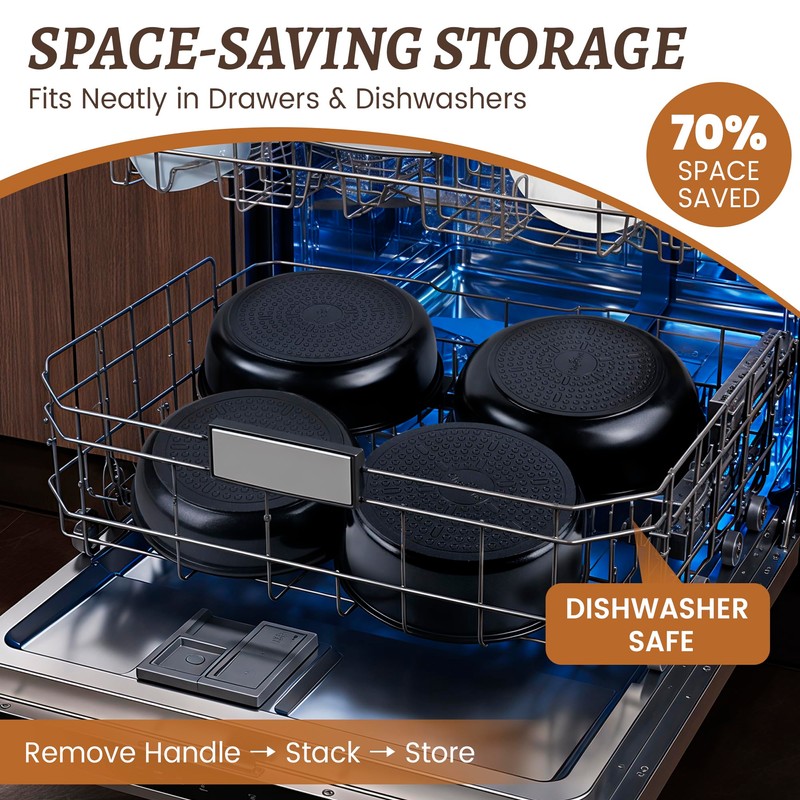 20-Piece Ceramic Nonstick Cookware Set | Detachable Handle, Stackable for