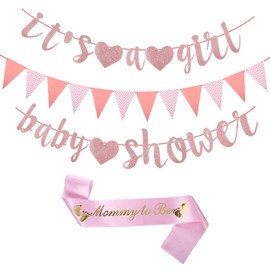 Pink Baby Shower Banner, Baby Shower Decorations Girl, It's A Girl Banner Pennant Pink Bunting Mummy to be Sash, for Gender Reveal Decoration Party Garland Photo Props