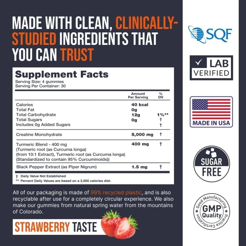 Creatine Monohydrate Gummies 5000mg – Strawberry, 120 Vegan Chews