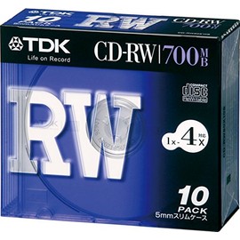 TDK CD-RW Data 700MB 4x 5mm Thick Case Pack of 10 [CD-RW80X10S]