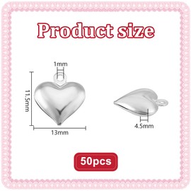PandaHall Elite 50 Pcs Silver Heart Brass Pendants Charms for Jewelry Making, 13x11.5x4.5mm, Hole: 1mm