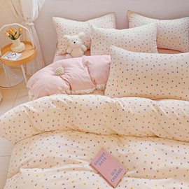 Nayoroom Bed Linen 135 x 200 cm Beige Colourful Dots Pattern Duvet Cover Set 2-Piece Colourful Polka Dot Aesthetic Cute Washed Microfibre Renforce Bedding Sets with Zip and 1 Pillowcase 80 x 80 cm