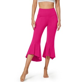 G4Free Capri Pants for Women with Pockets Pull On High Waisted Bootcut Dress Yoga Pants Bell Bottoms Cropped Leggings(Hot Pink,L)