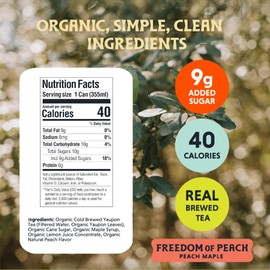 Freedom Fluid Organic Yaupon Iced Tea – Refreshing Peach | Herbal Tea Drink | Lightly Sweetened, Low Sugar, Low Calories, Real Brewed Tea, Clean Ingredients, Antioxidant Rich, Natural Caffeine, 12 Pack (12 oz cans)