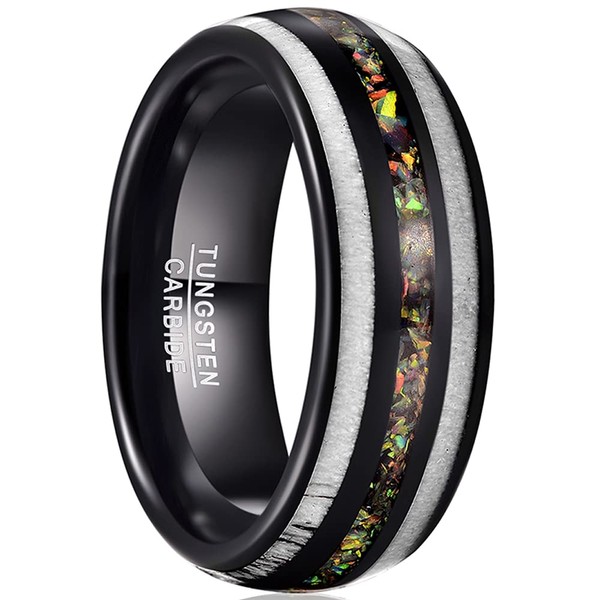 CHALAIR 8mm Men's Rings with Created-Opal Domed Tungsten Ring Black