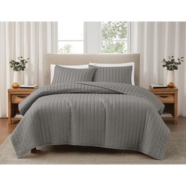 3-Piece Cool Crisp 100% Percale Tight Weave Cotton Quilt Set King Size | Modern Casual Style Vertical Channel Stitch Solid Grey Color Pattern Summer Bedding | Lightweight Polyester Fill Soft Comfy