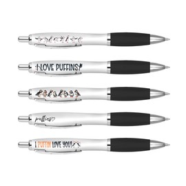 DV DESIGN 5 x Puffins Black Pens - Birds Funny Pun Pets Animal Cartoon Stationary School Equipment Teacher Friend Girls Boys Birthday Set #81302