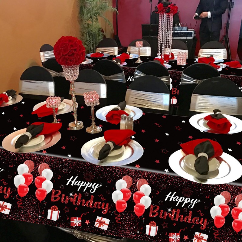 QUERICKY Plastic 4 Pack Black-Red Birthday Tablecloth, 51x87'' Rectangular Waterproof
