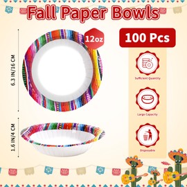 Grencian 100Pcs Mexican Striped Paper Bowls 12oz Round Mexicanos Theme Disposable Bowl Colour Striped White Paper Bowls Tableware Sets for Fiesta Birthday Wedding Baby Shower Theme Decoration