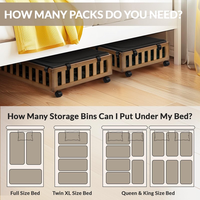 Gashell 2 Pack Bamboo Under Bed Storage with Wheels, 39”x20”x7.8”