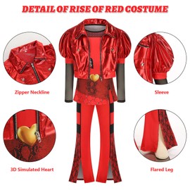LAUPHIE Rise of Red Costume for Kids, Girls 5PCS Red Costume Set, Red Costume Includes Red Heart Jacket bell-bottom pants Shirt Wig Handbag 4-14Y