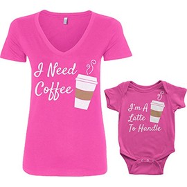 Threadrock Coffee & Latte Infant Bodysuit & Women's V-Neck T-Shirt Set (Baby: 12M, Hot Pink|Women's: M, Hot Pink)