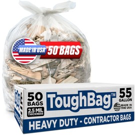 ToughBag 55-60 Gallon Contractor Trash Bags, 2.5 Mil Heavy Duty Clear (50 Count) – Made in USA