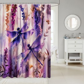 Feelyou - Cortina de ducha de tela de libélula morada con flores moradas para niños, accesorios impermeables con 12 ganchos, cortinas de animales de verano, 72 x 78 pulgadas