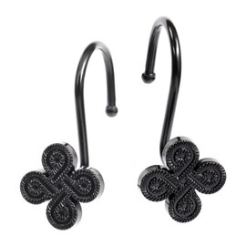 Black Shower Curtain Rings Hooks: Rust Proof Metal Shower Rings for Bathroom - Fancy Flower Clover Designed Decorative Shower Curtain Hooks Hangers for Shower Rod - Set of 12