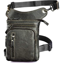 Le'aokuu Hombres Cuero Genuino Bolso Cintura Bolsa de Cuero Pierna Bolsa para Mensajero Bolso Multifuncional Militar Táctico Moto Bicicleta Senderismo Deportes Camping Montar (211-11 El Gris)
