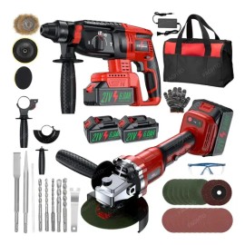 Kit Rotomartillo Taladro Y Esmeriladora Angular Inalámbrica FAGHTO SDS-PLUS Con 2 Baterías 21v 6.0aH Y 39 Accesorios 3200W Martillo Perforador Cincelador Inalámbrica Industrial
