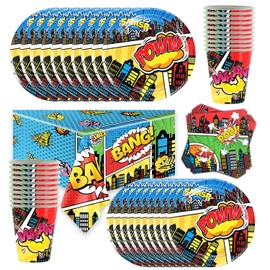 City Heroes Party Tableware, 61 Pieces, Superhero Boy Party Tableware, Plates, Napkins, Cups, Tablecloth, Children's Birthday Decoration Set for 20 People