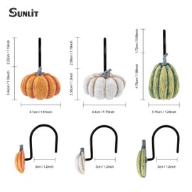 Sunlit Fall Pumpkin Shower Curtain Hooks, Autumn Harvest Festival Shower Curtain Rings with Black Hooks, Resin, Sage Green Khaki Orange Farmhouse Bathroom Curtain Hangers Decoration, Set of 12