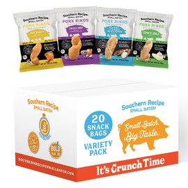 Pork Rinds Variety Pack | Hot Honey, Sweet BBQ, Spicy Dill, Salt & Pepper | 4 Flavors | Southern Recipe Small Batch Chicharrones | Keto Friendly & Low Carb | Snack Bag (20 Count)