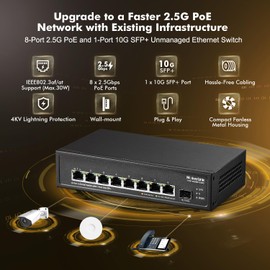 MokerLink 8 Port 2.5G PoE Switch with 10G SFP+ Slot, 8 x 2.5G Base-T Ports Compatible with 10/100/1000Mbps, IEEE8023af/at PoE 135W, Metal Unmanaged Fanless Small Network Switch