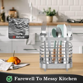 KEEYMENT Kitchen Utensils Holder, Quick Drying Hollow Out Stainless Steel Cutlery Drainer, Utensil Pot for Organize Drawers, Countertops and Tableware Storage