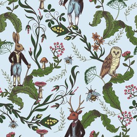 MuralPeel Sky Blue Animals Rabbits Owl Green Leaf Vine Vintage Peel and Stick Wallpaper Self Adhesive Removable Easy Peel Off Contact Paper Stick on Wall Paper for Bedroom Cabinet Renter Friendly