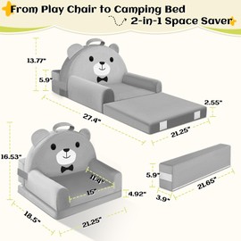 Kids Sofa Bed with Removable Washable Cover & Magic-Tape Backrest – Foldable Toddler Chair Kid Couch, Cozy Crystal Velvet Furniture for Playtime, Naps & Travel (Grey, Bear Design)