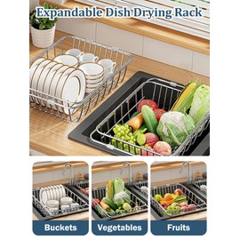 Expandable Dish Drying Rack,Sink Dish Drying Rack,Stainless Steel Capacity Adjustable Over The Sink Dish Rack(13.4"~17.7"),Dish Drainer for Kitchen Sink Counter Multifunction Dish Racks,1 Set Silver