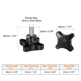 QUARKZMAN Pack of 2 Star Handles M10 x 20 mm Thread Plastic 4-Star Knob Hand Tightening Clamping Screw Replacement Thread Handle, Black