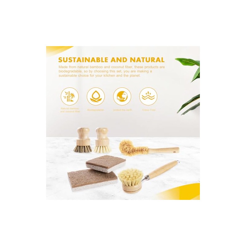 DEBETOOL 6-Piece Bamboo Dish Brush Set with Coconut Sponge |