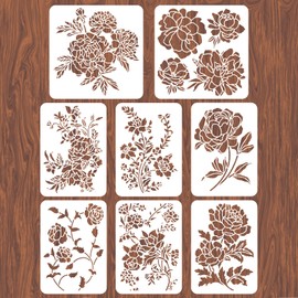 INFUNLY 8pcs Peony Wall Stencils for Painting 11.7x8.3 Tile Stencil Set Reusable Plastic Wall Stencils Template for Painting on Wood Wall Furniture Floor Tiles Fabric DIY Home Decor