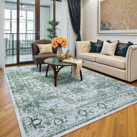 Keeko 4x6 Area Rugs for Living Room, Soft Fluffy Vintage Rug Indoor Low Pile Washable Bedroom Floral Rug Carpet Non Slip Accent Distressed Print Rugs for Kids Dorm Dinning Office Room Decor Green