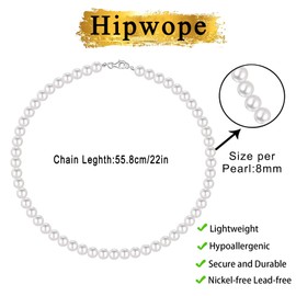 Hipwope Pearl Necklace for Men - 6/8 mm Faux Choker, 16/18/20/22/24 Inch Length, White Men's Jewelry, Silver-8mm-22inch