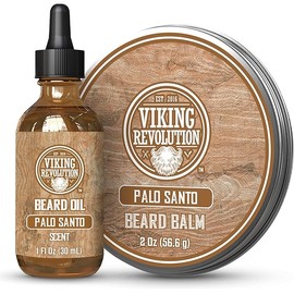 Viking Revolution Palo Santo Beard Balm for Men and Beard Oil Bundle - With Argan and Jojoba Oils - Soften and Moisturize your Beard