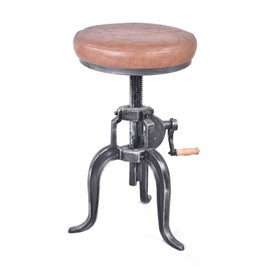 Topower American Antique Industrial DIY Crank Stool Cast Iron Three-Legged Chair Bar Stool PU Leather Top