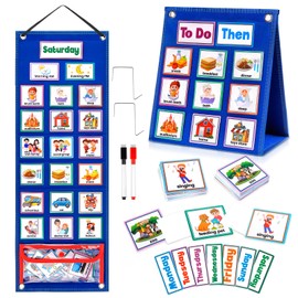 Meunmro Visual Schedule Chart, Daily Routine Pocket Chart with 107 Cards, Double Side Visual Calendar Board Autism Learning Tool