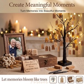Vicenpal Memory Tree Guest Book Alternative Set with LED Light, Wooden Keepsake Box & 50 Hanging Tags, Wedding Funeral Celebration of Life Graduation Party Decorations