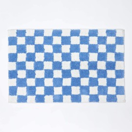 Homescapes Cotton Bath Mat Blue / White Checked Bath Mat 50 x 80 cm Bath Mat Non-Slip Washable with Checkerboard Pattern