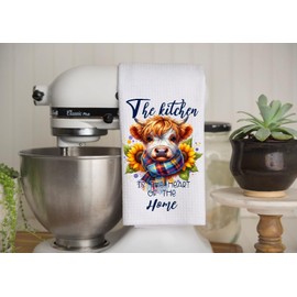 This Kitchen Is Seasoned With Love - Highland Cow - Microfiber White Waffle Weave Towel. 16 x 24 in. Absorbent, No Lint, Thick, Reusable, Commercial, Soft, Hand