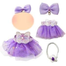 Xerteam Purple 17cm Labu Doll Clothes, Princess Style Plush Doll Dress with Butterflies Hair Clip and Flower Headbag, Doll Accessories Clothing Set (Doll Not Included)