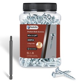 Pocket Hole Screws 1-1/4 Inch, Goobetter Pocket Screws #8 X 1-1/4" 600 Pcs, Washer Head with Square Drive, Coarse Thread Wood Screws, Zinc Plated, for Indoor Use, 100MM Drive Bit Included