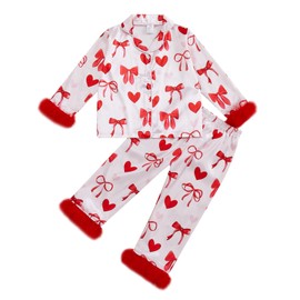 Twopumpkin Toddler Girl Valentines Day Satin Silk Pajamas 2 Piece Pajama Set Little Kid Girls Pjs Nightgown Outfit (Valentines Love Heart Bow Red, 6-7 Years)