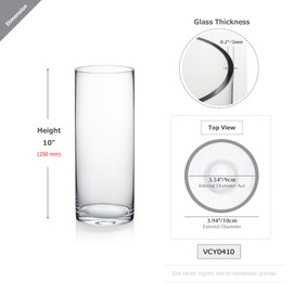 WGVI Quality Thick Weighted Clear Cylinder Glass Vases, 4"W x 10"H, Flower Arrangement Floating Candle Holders Wedding Centerpieces Terrarium Planter Floral Storage Container, Bulk Wholesale, 12 Pcs