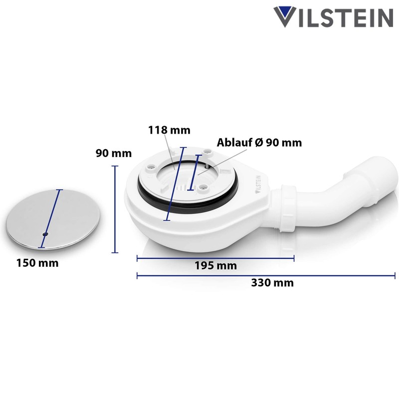 VILSTEIN Shower Tray Siphon, 90 mm Shower Drain with Odour