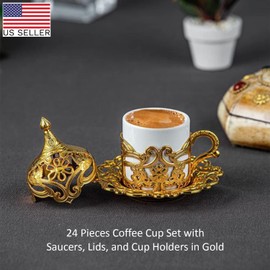Fancy Turkish Coffee Cup Set of 6 with Floral Motif | Gold Espresso Cups for Turkish Arabic, Greek Coffee | Espresso Cups | 24 Pieces Coffee Cup Set with Saucers, Lids, and Cup Holders (Gold), 2 Oz