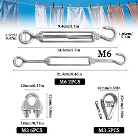 YEYIT 13 PCS Turnbuckle Wire Tensioner M6 Heavy Duty 304 Hook & Eye Rope Cable Tension Set with Wire Rope Clip M3 and Wire Rope Thimble for Clothesline Railing Decking Plants Fence